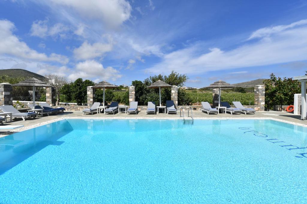 纳乌萨Agrabeli Paros的一个带躺椅和遮阳伞的大型游泳池