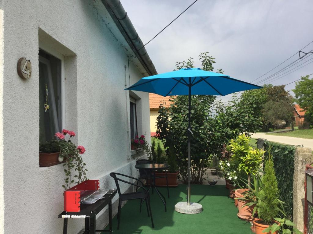 KüngösBalatongyöngye vendégház的一个带蓝伞和桌椅的庭院