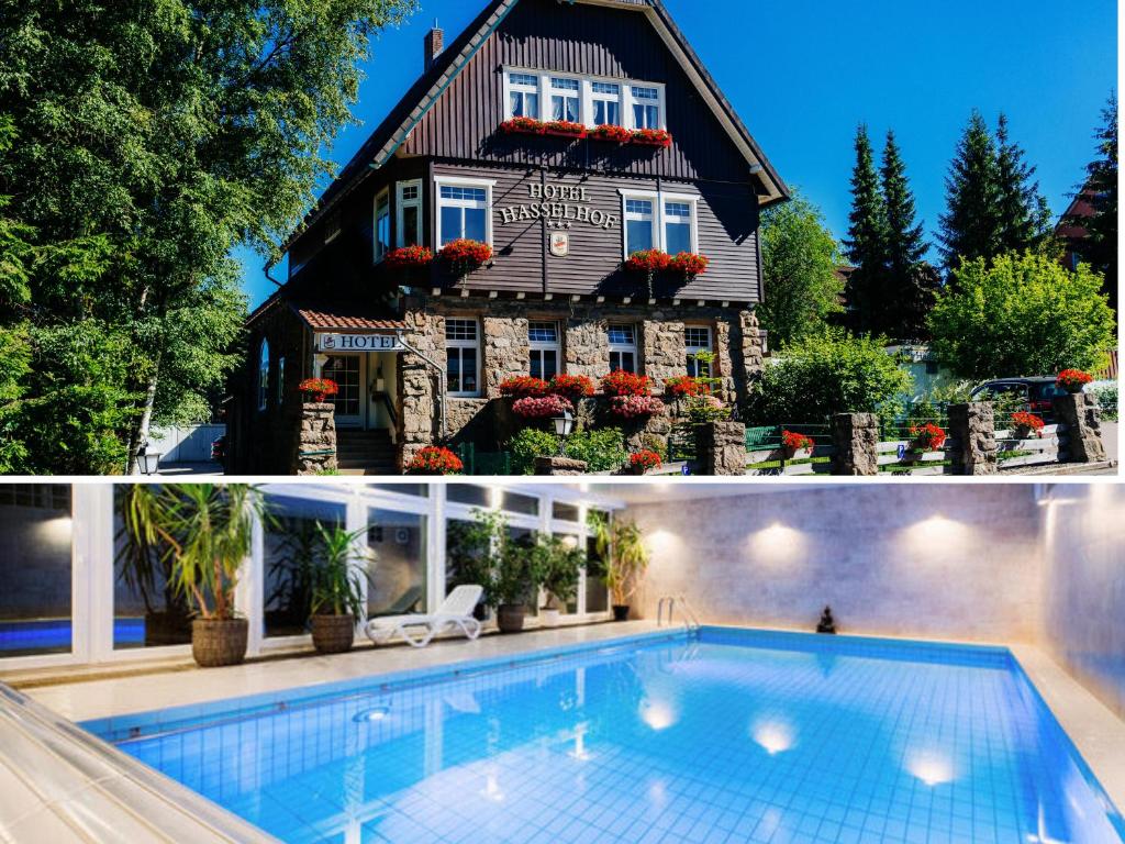 布劳恩拉格Hotel Hasselhof Garni Vier Sterne的房屋前有游泳池的房子