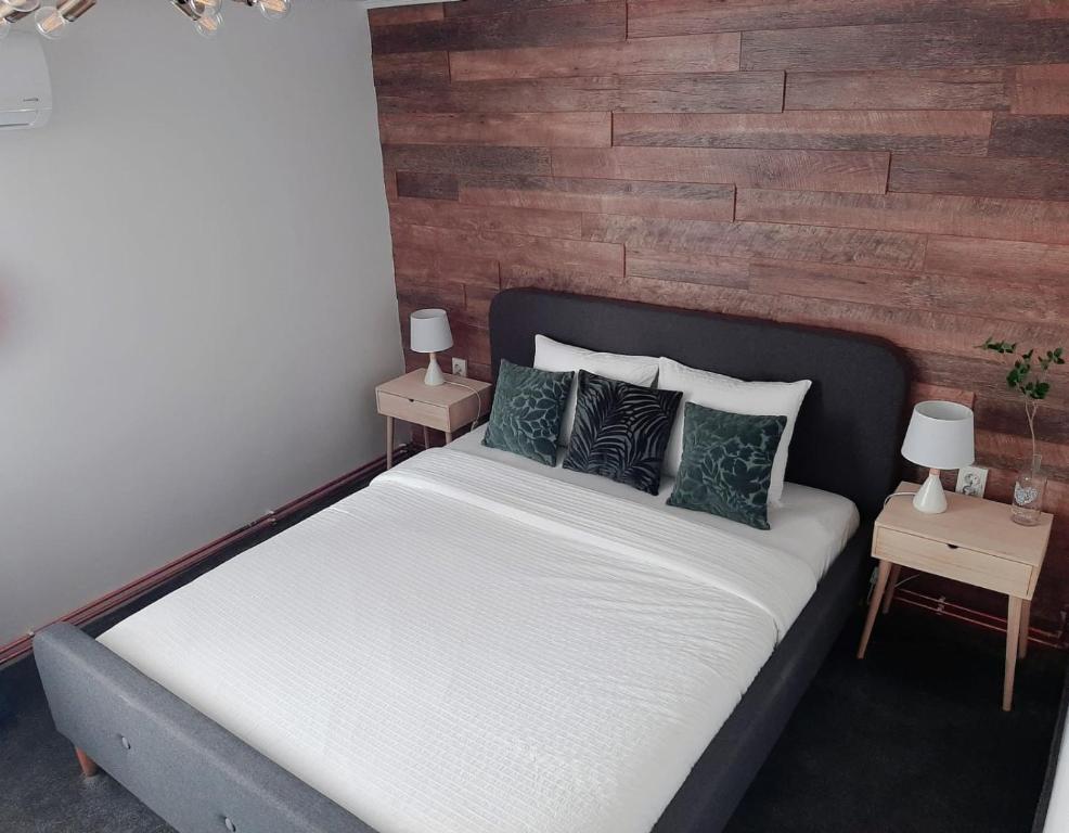 萨图马雷Bulevard mansards的一间卧室配有一张床、两个床头柜和两盏灯。
