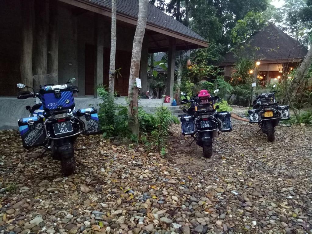 洛坤府Kung Nok Tha Resort Nakhon Si Thammarat的停在大楼前的三辆摩托车