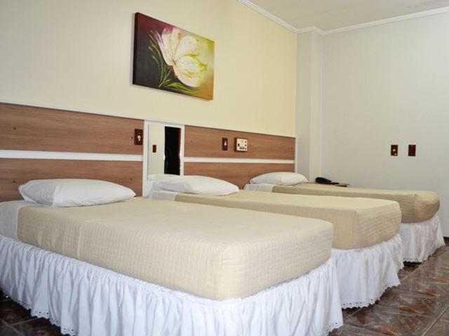 圣卡洛斯Perea Hotel的配有两张床的酒店客房中的两张床