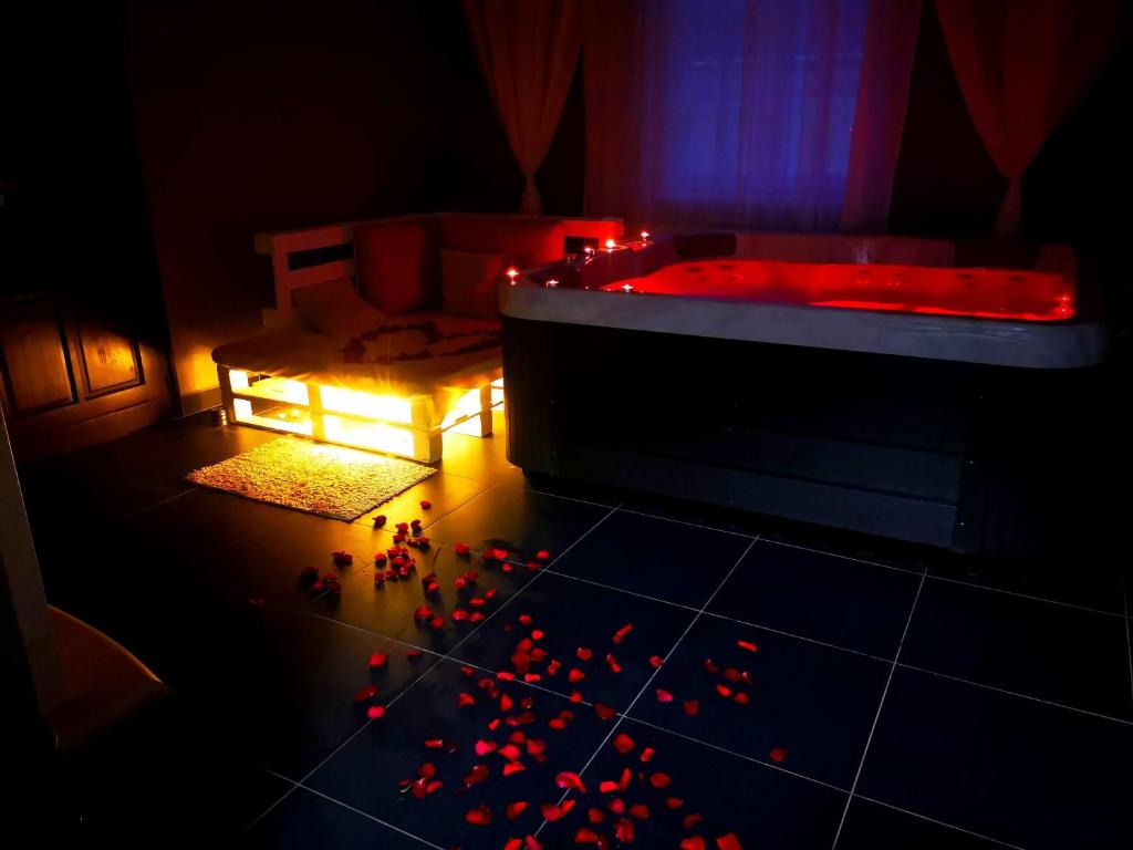 艾格扎洛克Zöld Sziget Wellness的一间位于地板上的带红灯的浴缸客房