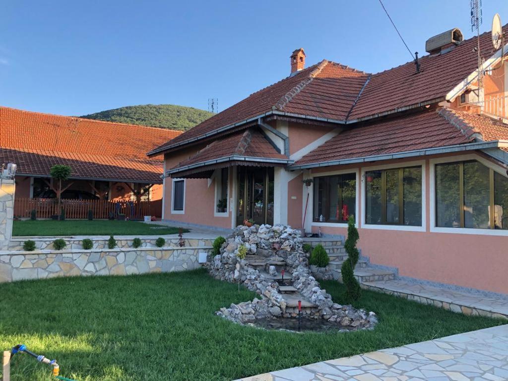 索科矿泉村Apartmani Djokić sa bazenom的一座房子,前面有一个喷泉