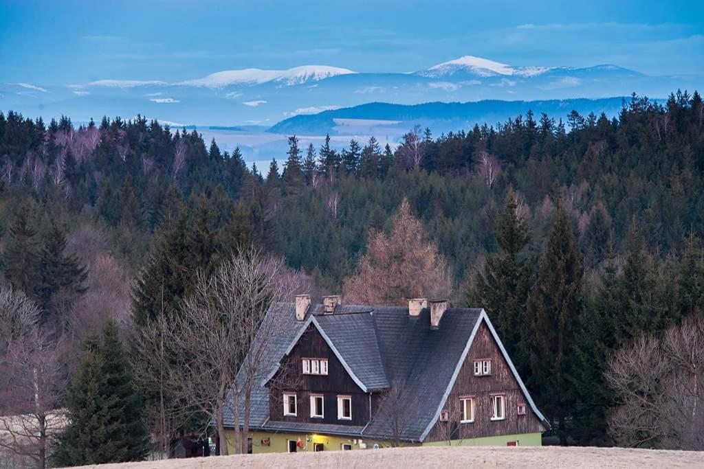 PasterkaSchronisko PTTK Pasterka的山丘上以山为背景的房子