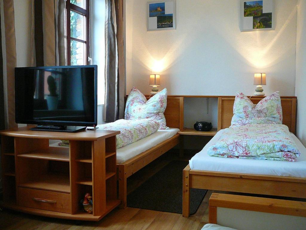 HecklingenFerienwohnung Landwirtschaftliches Gut Taentzler的客房设有两张床和一张桌子上的电视