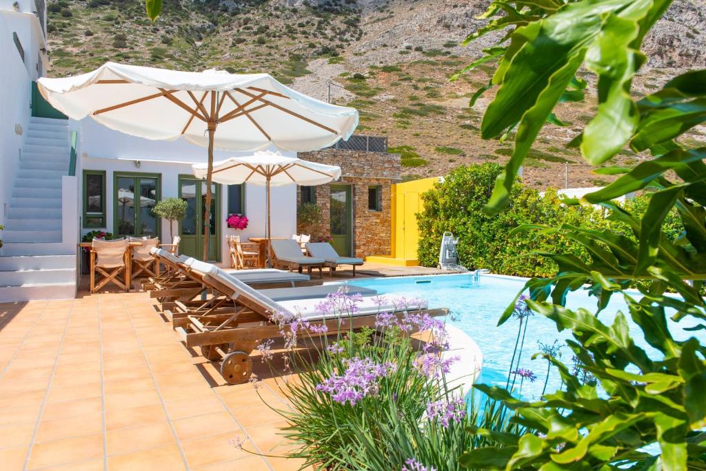卡马莱马尔加多酒店的一个带遮阳伞和游泳池的庭院