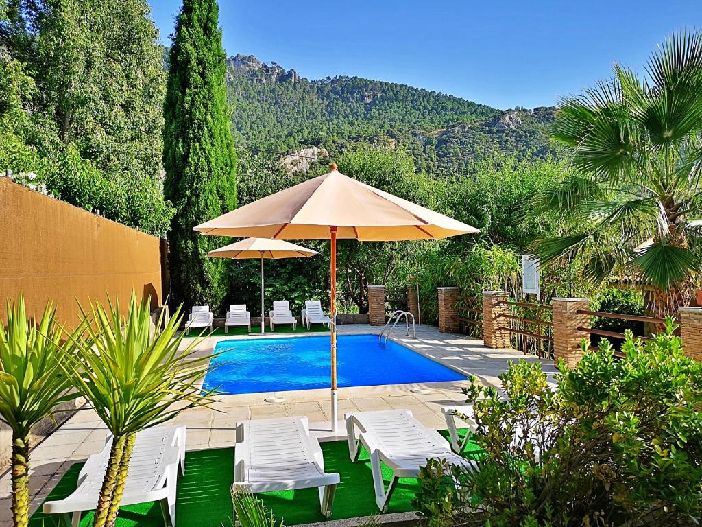 布伦切尔Casa Laguna del Maiz cazorla的一个带椅子和遮阳伞的游泳池