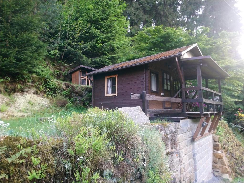 巴特尚道Sommerhaus Bella Vita的一座小木房子,位于一座树木繁茂的山丘上