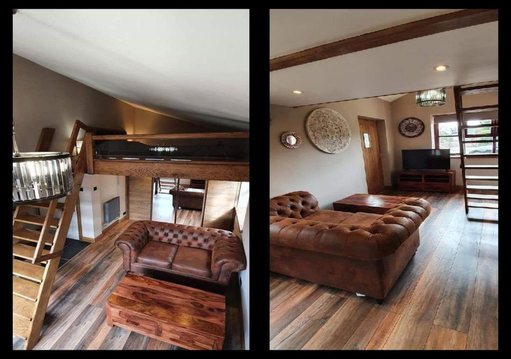 赫里福德Longland Guest House的一张沙发的客厅和阁楼的两张照片
