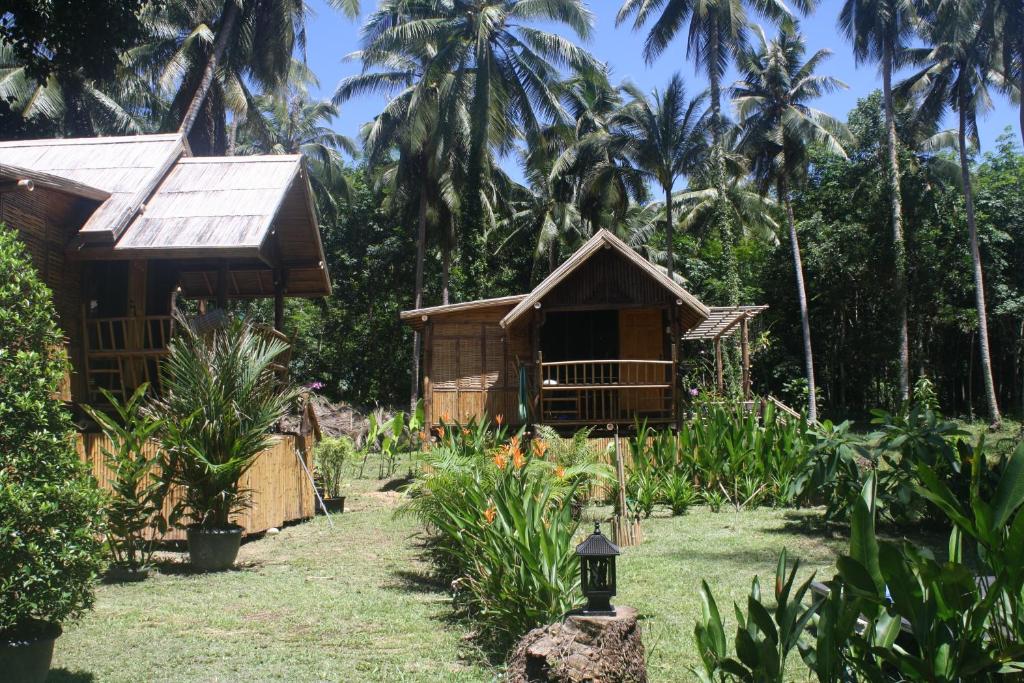 库德岛Kuba Bungalows的棕榈树花园内的房子