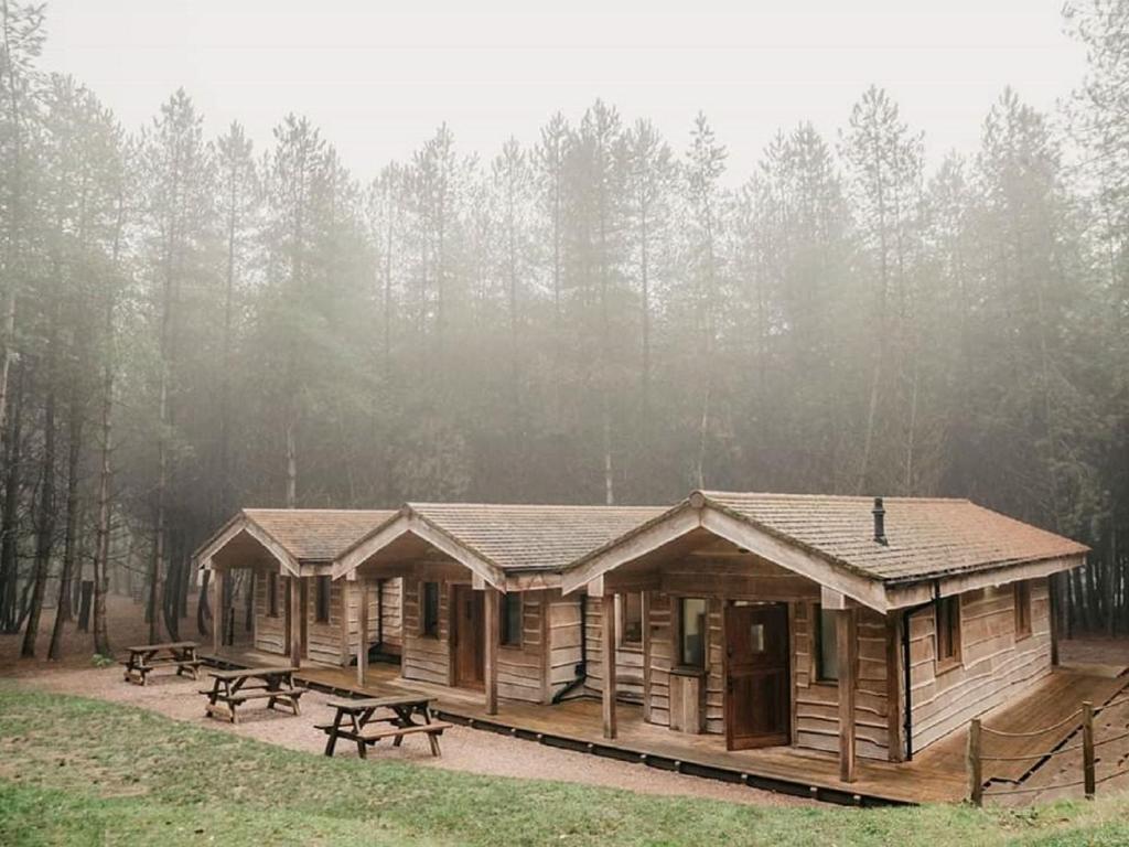 奇德尔Wyldwood Lodge的森林中带野餐桌的小木屋