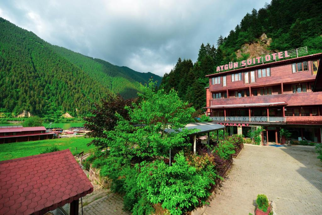 乌宗Aygün Suites Hotel&Bungalow UZUNGÖL的酒店建筑背景是一座山