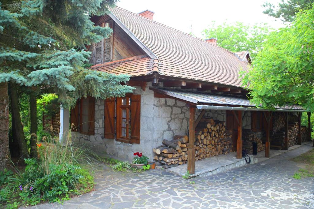 GarábGarábi Udvarház的前面有一堆木头的房子