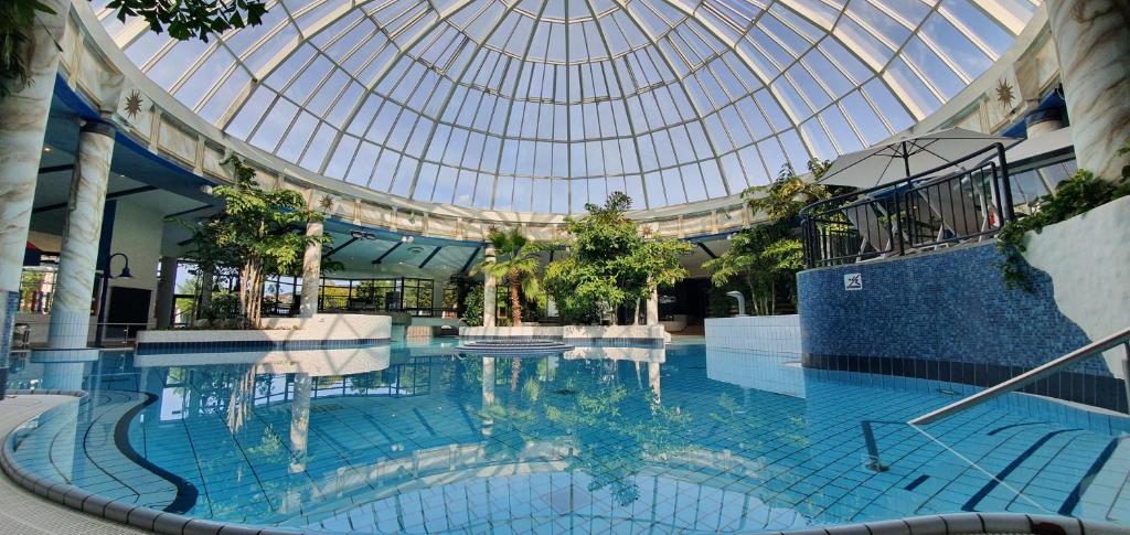 陶努斯山麓霍夫海姆Vital Hotel Rhein Main Therme Wellness Resort & SPA的一座带玻璃天花板的大型游泳池