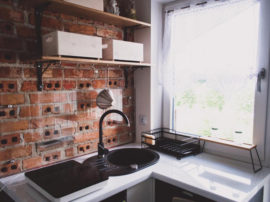 拉多姆Wellspring的厨房设有砖墙和水槽