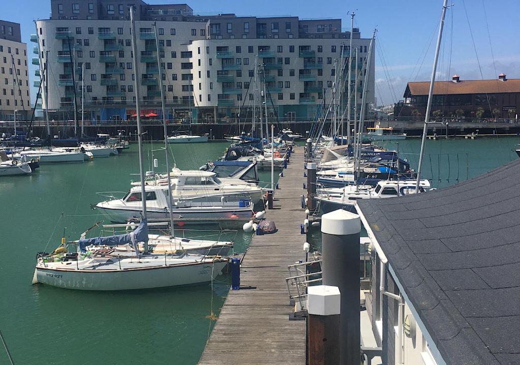 布莱顿霍夫Brighton Marina Floating home的一群船停靠在码头,有建筑物