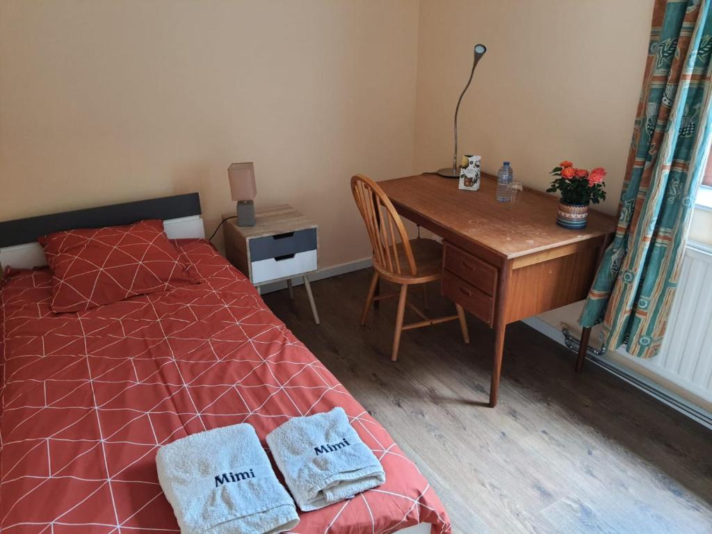 布鲁塞尔Chez Mimi - chambre vue jardin的一间卧室配有书桌和一张带两条毛巾的床。