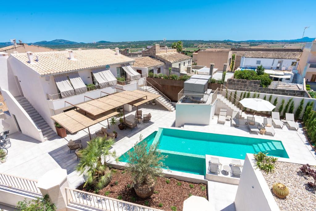 阿瑞安妮Ynaira hotel & Spa的享有带游泳池的别墅的空中景致