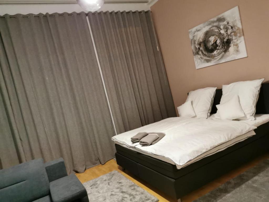 布伦瑞克Stay Inn Braunschweig的一间卧室配有一张床、一张沙发和一个窗口