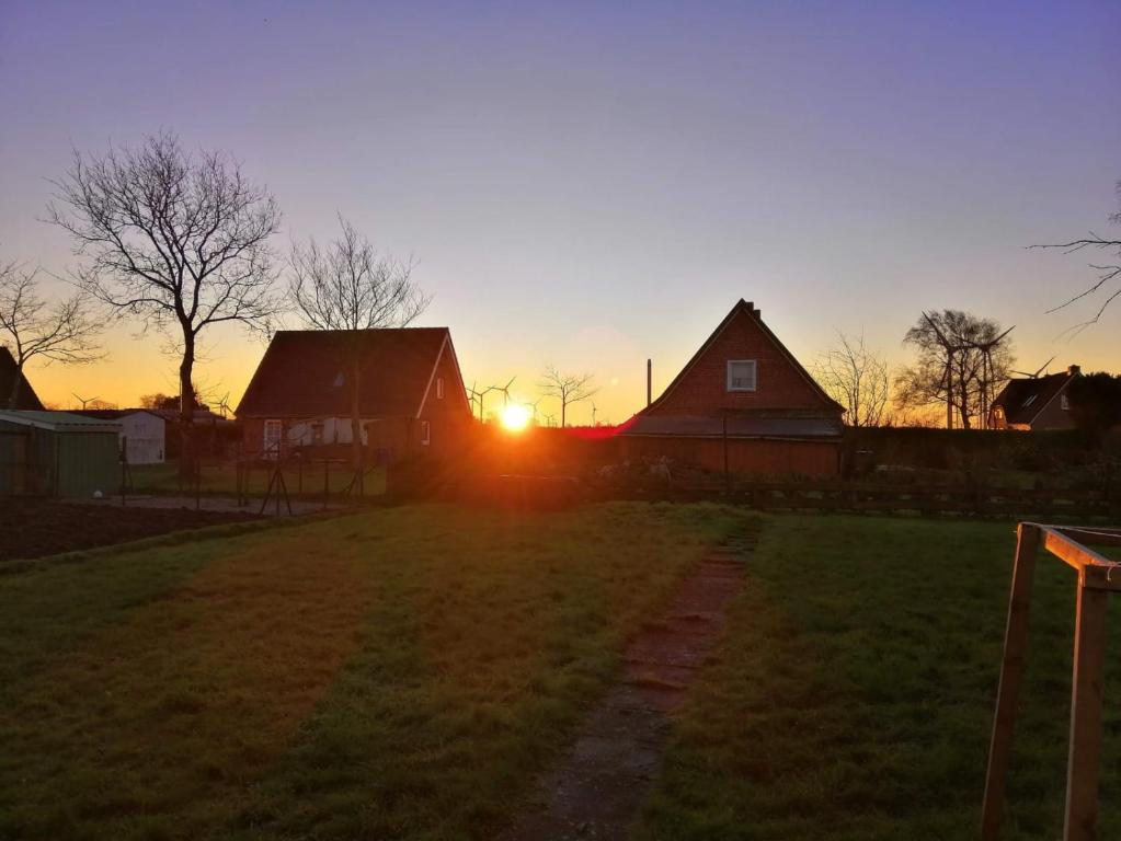 腓特烈斯科格Ferienhaus Krabbenloch Friedrichskoog的两座谷仓的田野上日落