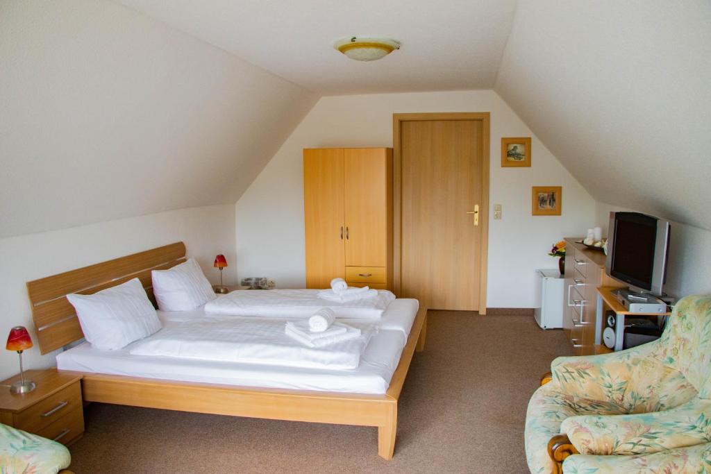 DargunAusflugsrestaurant & Pension Aalbude & Hausfloßvermietung am Kummerower See的一间卧室配有一张床、一台电视和一张沙发