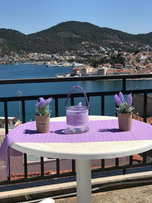加拉塔斯Beautiful view of poros的阳台上的紫色桌子上放着一桶钱和鲜花