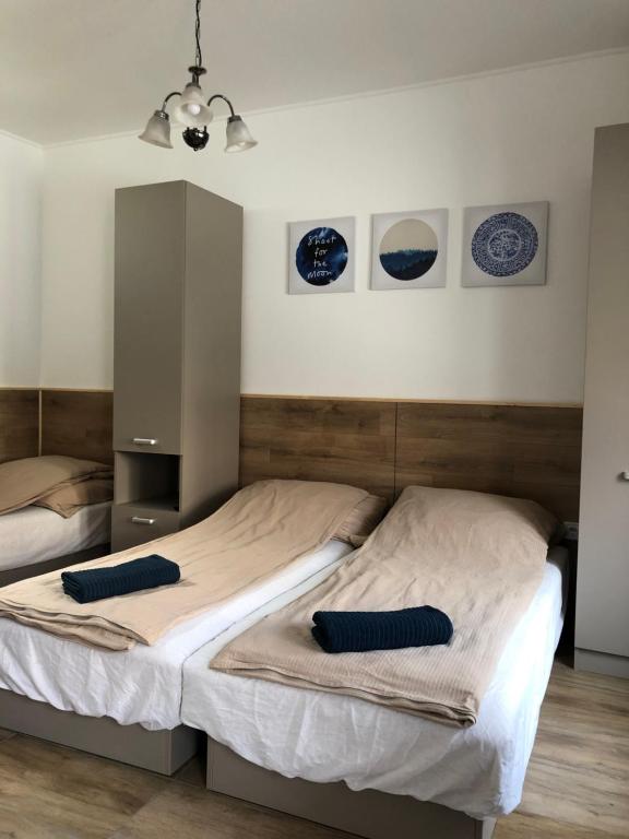 米什科尔茨Avas Apartman的卧室内的两张床,墙上挂着蓝色盘子