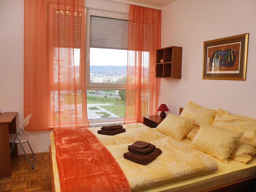 萨格勒布萨格勒布尊贵公寓的一间卧室设有一张大床和大窗户
