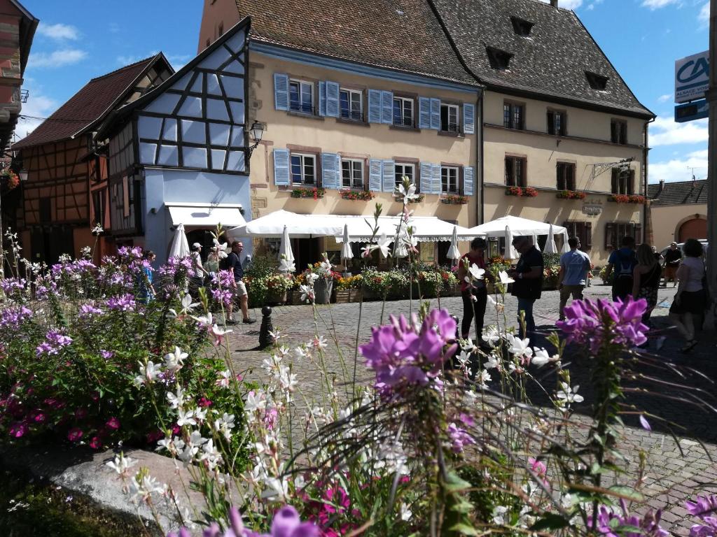 埃圭斯海姆Gîte au château fleuri的一座建筑前有鲜花的城镇广场