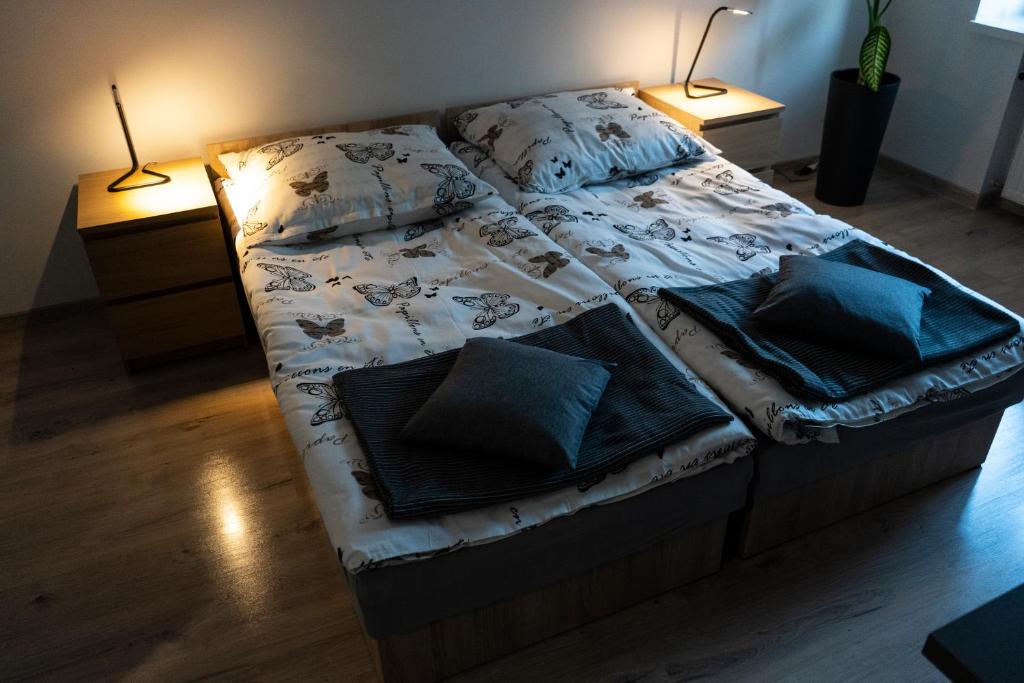 格但斯克Apartament Oliwska Przystań的卧室里一张带蓝色枕头的床