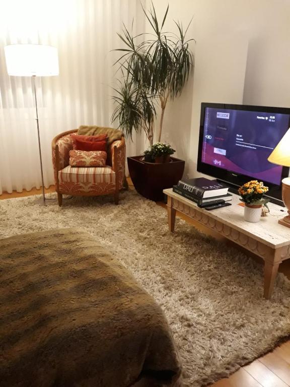 莱萨·达·帕尔梅拉Casa de Leça的客厅配有电视、椅子和桌子