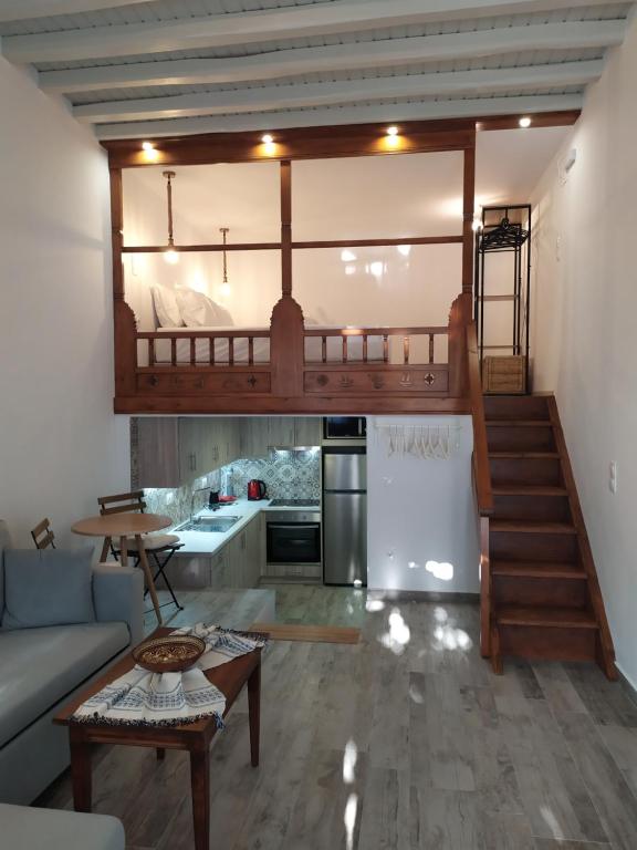 斯基罗斯岛Melikarou houses的一间带高架床的客厅和一间厨房