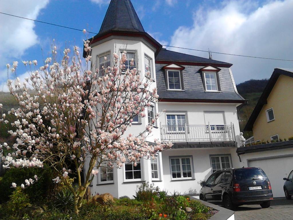 MüdenFerienwohnung Thönnes的前面有一棵开花的树的白色房子