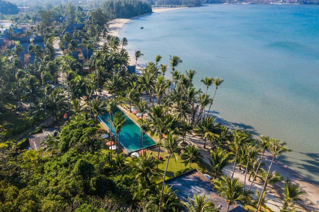 象岛半岛海滩度假村的棕榈树海滩的空中景致