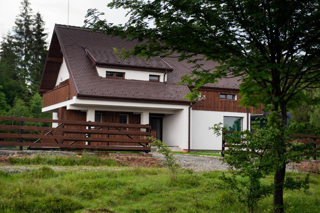 CălăţelePensiunea agroturistică Drag de Apuseni的棕色和白色的房子