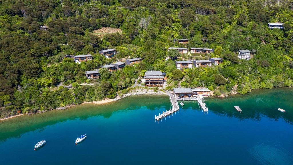 Arthur's Bay千洞湾度假酒店的水面上岛上房屋的空中景观