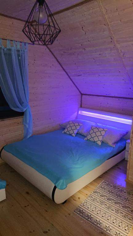 克罗科瓦Domki Magnolia的紫色灯光客房内的一张床位