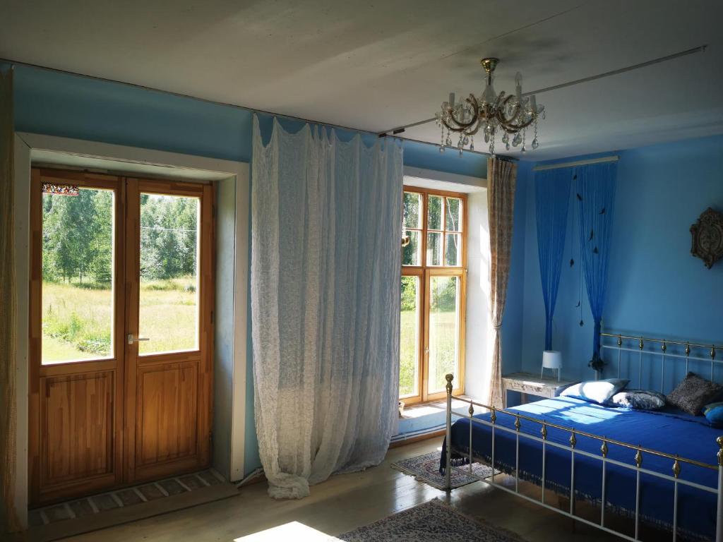 MatkuleGold Sun Zelta Saule的一间拥有蓝色墙壁的卧室、一张床和窗户