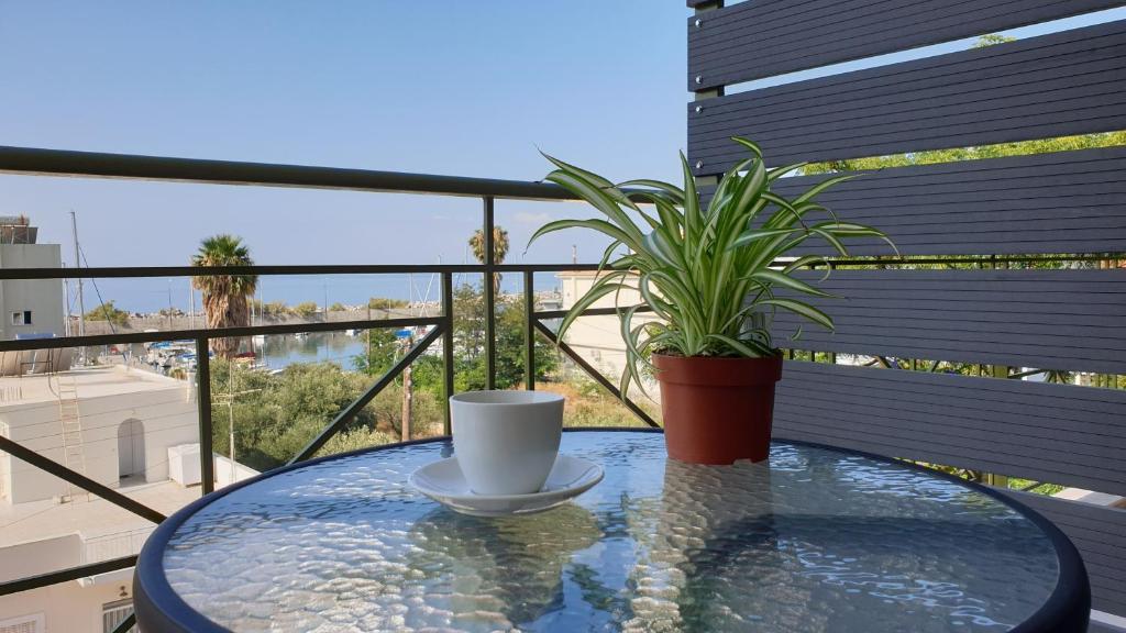 卡拉马塔Vista Marina的阳台上的桌子上放着咖啡杯和植物