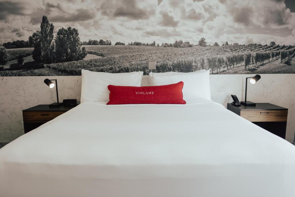 索尔万Vinland Hotel and Lounge的一张白色的大床,上面有红色枕头
