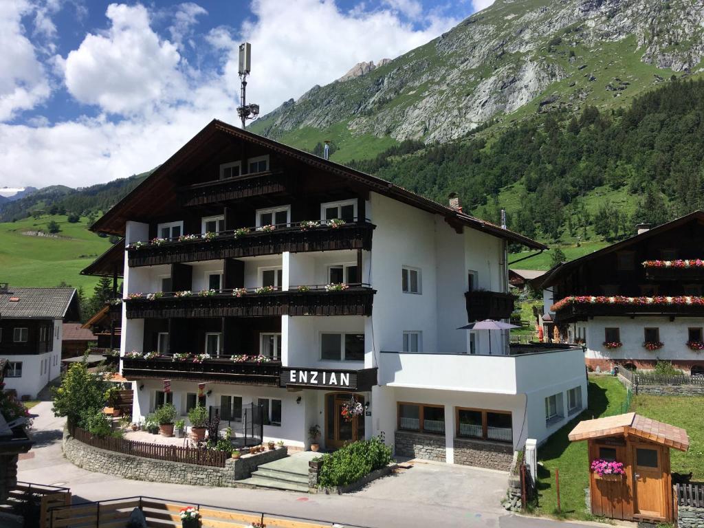 普雷格拉滕Ferienhaus Enzian的一座白色的大建筑,背景是一座山