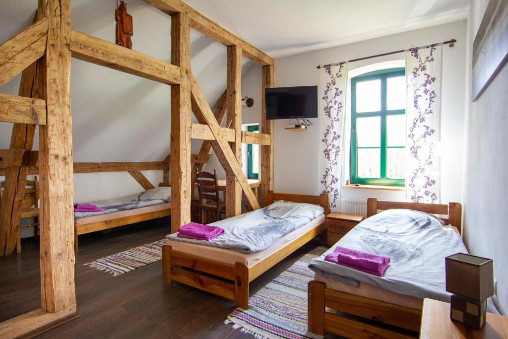 文戈热沃Gajówka的客房设有两张双层床和电视。