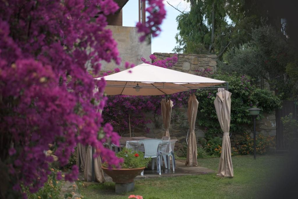 蓬塔阿拉Casa Gori的花园的遮阳伞下的桌椅