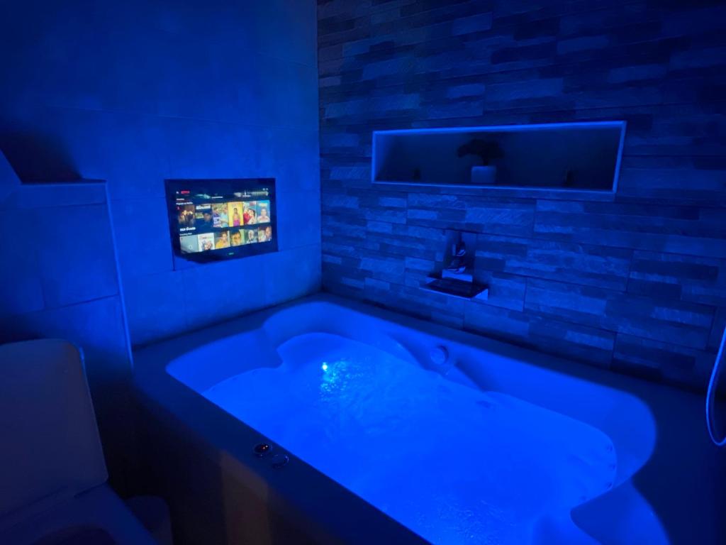 布雷得佛莱维特服务公寓的带电视的客房内的蓝色浴缸