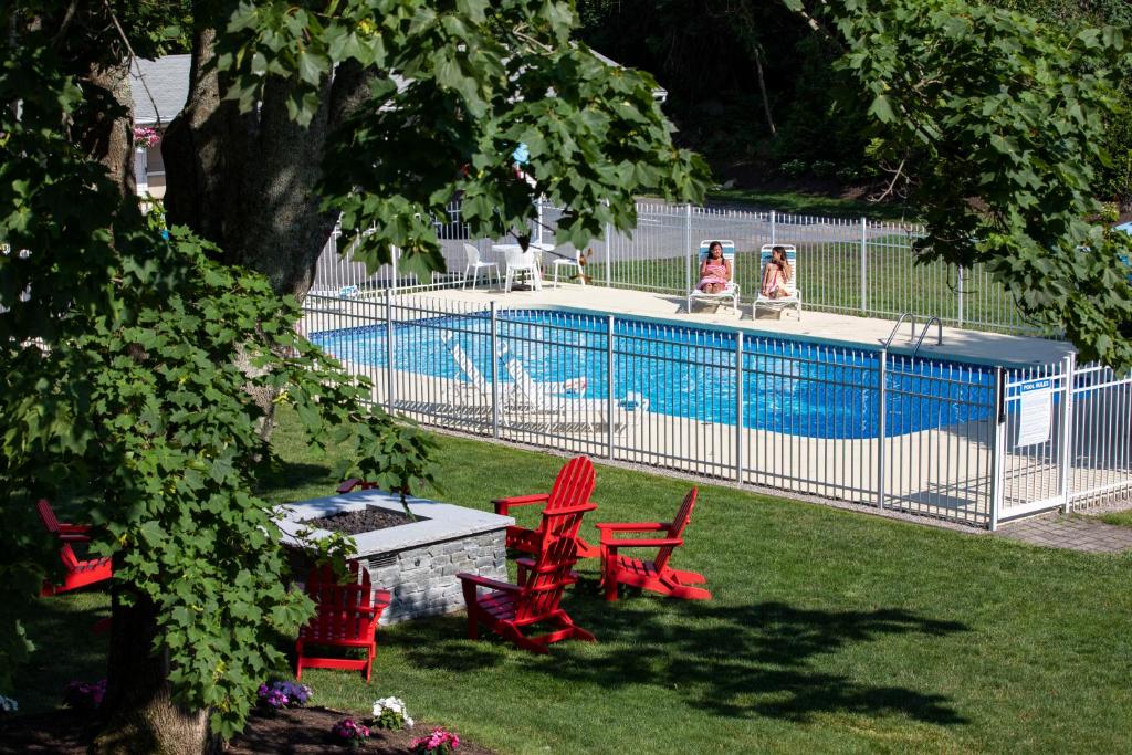 East DennisSesuit Harbor House的两只狗坐在游泳池旁,游泳池边摆放着红色椅子