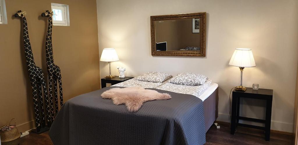 图苏拉Villa Tammikallio Guest House, near the airport - Kodikas vierasmaja Tuusulassa的一间卧室配有一张带两个枕头和镜子的床
