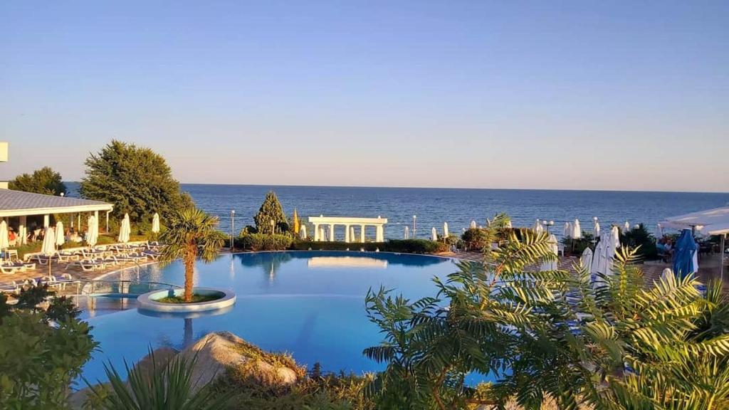 圣弗拉斯Sineva Beach Hotel - All Inclusive的一个大型的游泳池,背景是大海