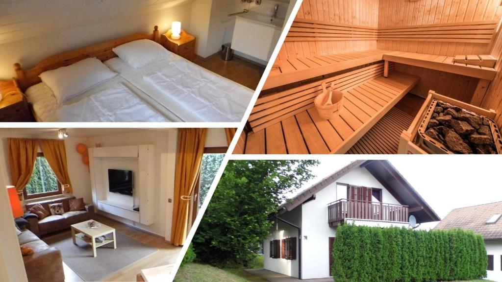 基希海姆Seepark Kirchheim Ferienhaus bei Viola mit Sauna的卧室和房子照片的拼贴