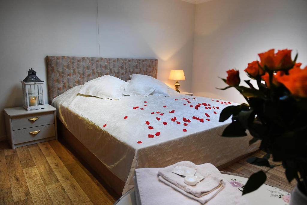 费尔普Motel Koolen的一间卧室配有一张红色花瓣床。